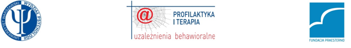 Grafika zawiera logo Wydziału Psychologii UW, Fundacji Praesterno i tekst: profilaktyka i terapia, uzależnienia behawioralne.