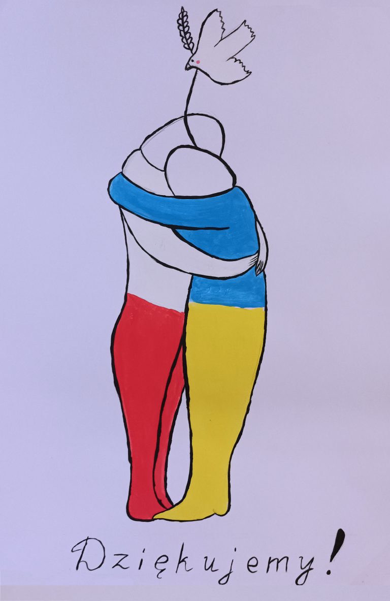 Plakat dwie osoby, jedna w kolorach flagi Polski, druga w kolorach flagi Ukrainy, powyżej gołąbek, poniżej napis Dziękujemy